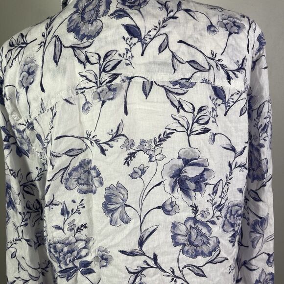 Cynthia Rowley Linen Blouse Top L Blue White Floral Roll Tab Sleeves Art to Wear - Picture 6 of 11